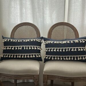 Pair of 2 cotton denim blue and Cream Tassel Accent lumbar Pillow cases/inserts